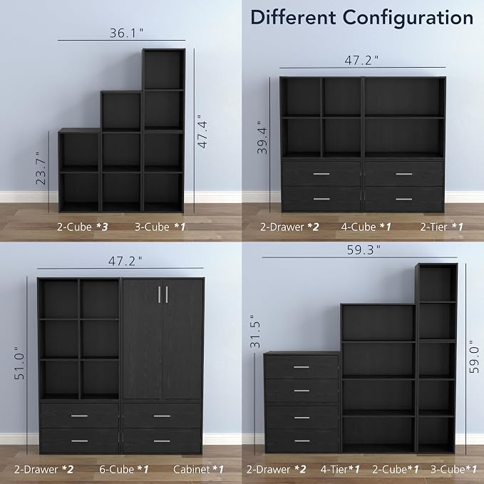 Homes: Inside + Out Apexa 2-Cube Storage Organizer Shelves, Stackable Wood Bookcase Fits Cubby Bins for Organization, Dorm Teen Room Decor & Home Office, Black - Image 10