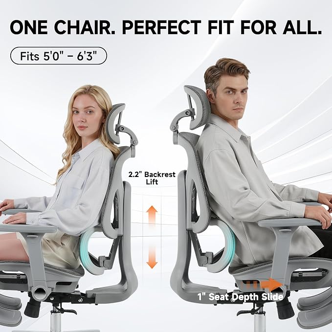 Korser Ergonomic Mesh Office Chair with Footrest, Big and Tall Desk Chair with 4D Flip-Up Arms, Auto-Tracking Lumbar Support, 3D Headrest, High Back Computer Gaming Chair for Home Office, Grey - Image 6
