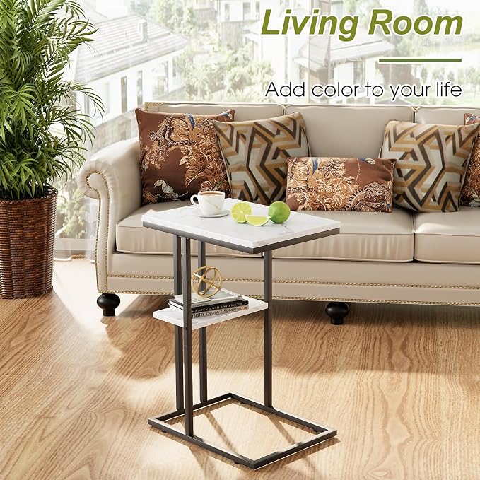 C Shaped End Side Table, Couch Sofa Table for Small Space, Black Snack Table with Metal Frame, TV Tray Table for Bed, Living Room, Bedroom, Bedside(White Marble) - Image 6