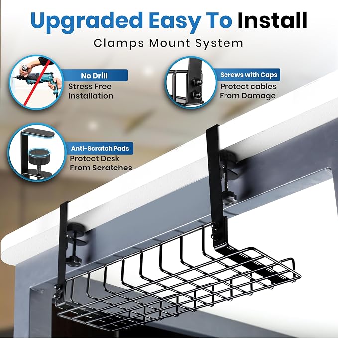 Under Desk Cable Management Tray, 16” No Drill Cord Organizer with Clamps for Wire Management, 4mm Sturdy Wire Desk Cable Organizer Tray, Cable Management Rack for Office - Image 2
