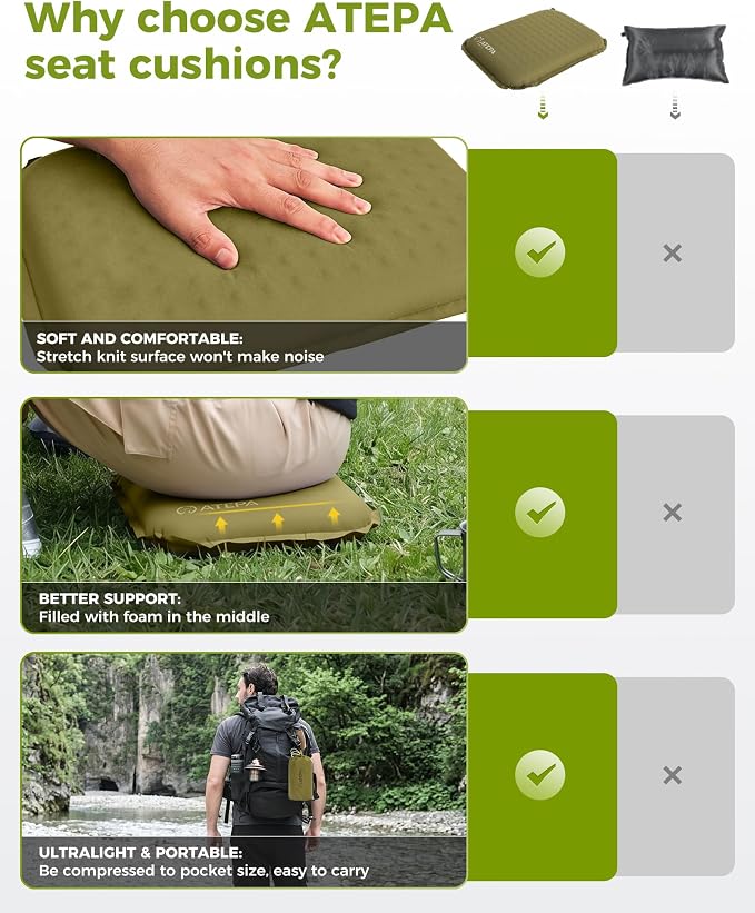 ATEPA Inflatable Seat Cushion | 2" & 2.5" Foam Core Seat Pad, Compact, Stadium, Airplane, Travel, Camping, Hiking, Sports Events, Self Inflating - Image 4