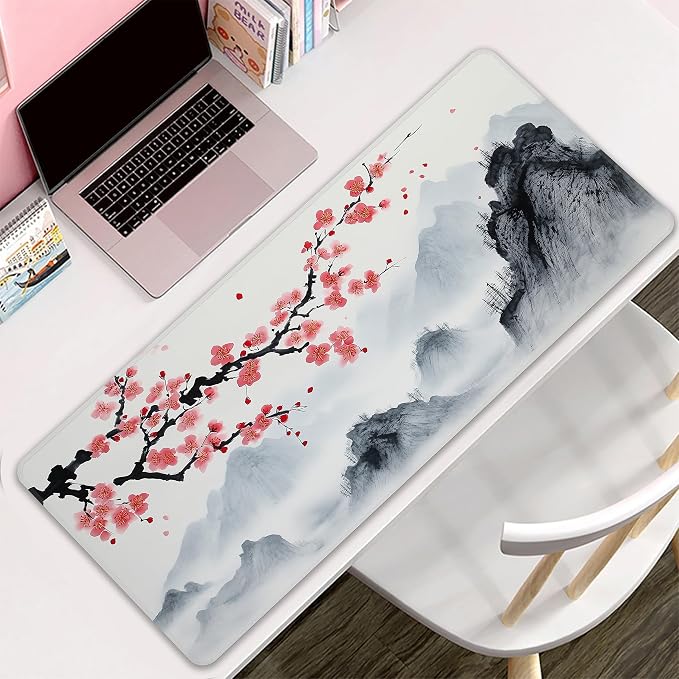 Japanese Watercolor Cherry Blossoms Desk Mat, XXL 35.4"x15.7" Large Mouse Pad, Sakura Extended Gaming Mouse Mat,Non-Slip Rubber Base Waterproof with Stitched Edges for Gaming Office Home Decor - Image 8