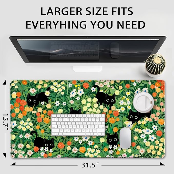 Cute Flower Cat Large Gaming Mouse Pad Desk Mat 31.5"x15.7" | Extended Mousepad, Non-Slip Rubber Base , Stitched Edges, for Computer/Laptop/Office/Home - Image 4