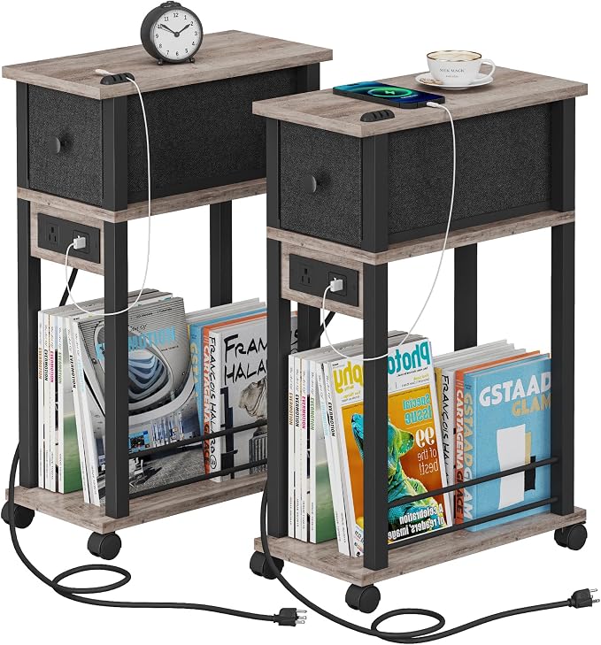 Slim Nightstand Set of 2, Narrow Side Table with Charging Station & Drawer by DGSANDGPuttheCustomerFirst