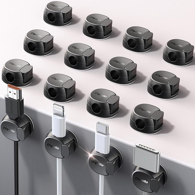 16Pack Cord Organizer [Dual Spring & Clasp, Max Secure] Cable Clips - Chfeila Cord Holder, Desk Cable Management, Adhesive Phone Charging Wire Holder for Nightstand/Car/Wall, Office Accessory - Black by Chfeila