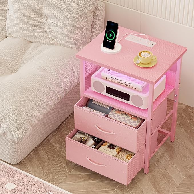 Fixwal Night Stand with Charging Station, Led Nightstand, Pink, 2 Drawers - Image 6