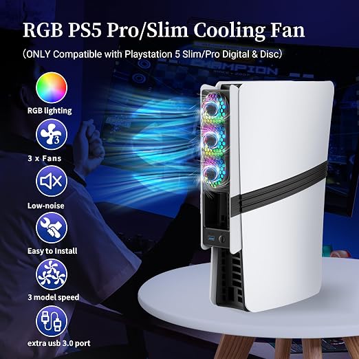 RGB PS5 Slim/Pro Cooling Fan, Auto Power Cooling System for PS5 Pro/Slim, Silent Cooler Fan with 3 Fans/3 Speed/USB 3.0 Port Compatible with PlayStation 5 Slim/Pro Digital and Discs Edition - Image 2