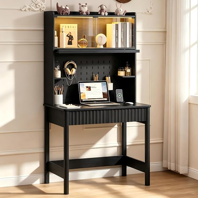 Lvifur 31.5" LED Study Desk with Hutch,Outlets,Reading Lights | Computer Desk with Charging Station,2 Drawer,Compact Writing Desks,Home Office Desks for Bedroom,Black by LVifurSmartFurniture