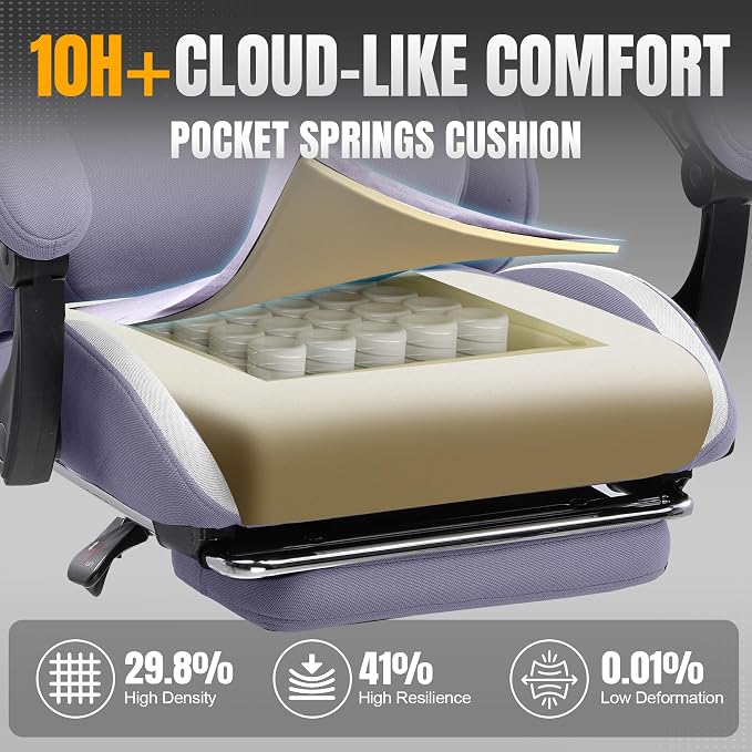 GTPLAYER Gaming Chair with Foot Rest & Pocket Spring Cushion, Breathable Fabric for Home Office Desk, Ergonomic High Back Computer Chair with Headrest & Lumbar Support, Lavender Purple - Image 4