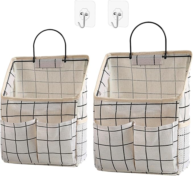 2 Pack Wall Hanging Storage Bags, Organizer with Pockets, Storage for Dormitory Bathroom Bedroom Kitchen (White Grid) by Someteth