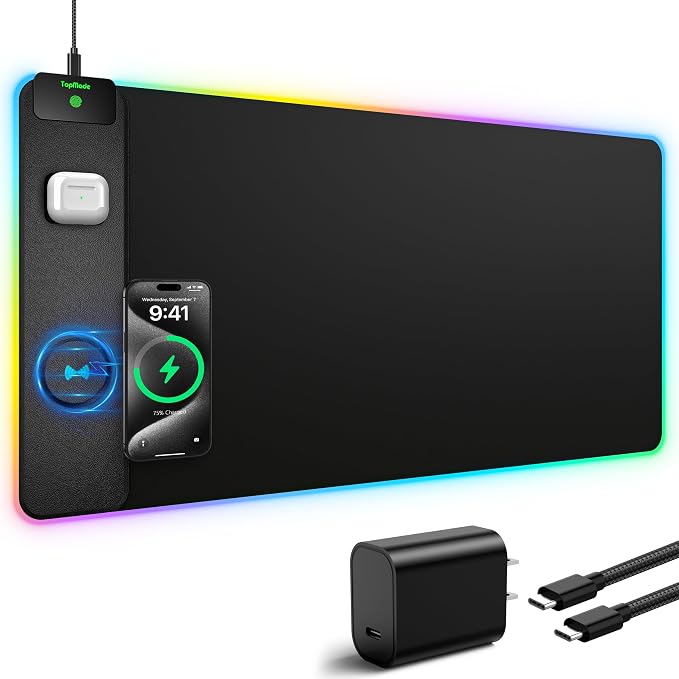 5-in-1 RGB Gaming Mouse Pad with Wireless Charging, Large Desk Mat, Black | 31.5” x 15.8” XXL Large Waterproof Mousepad Home Office Desk Pad, Includes 20W PD Adapter & 6.56ft Woven Cable - Image 2