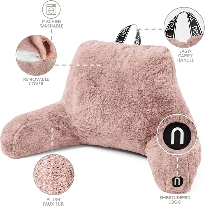 Nestl Fur Reading Pillow with Laptop Lap Desk, Stylish Back Pillow for Sitting Up, Lap Desk with Reading Pillows for Sitting in Bed Adult & Kids, Faux Fur Chair Pillow with Arms - Peach Beige - Image 5