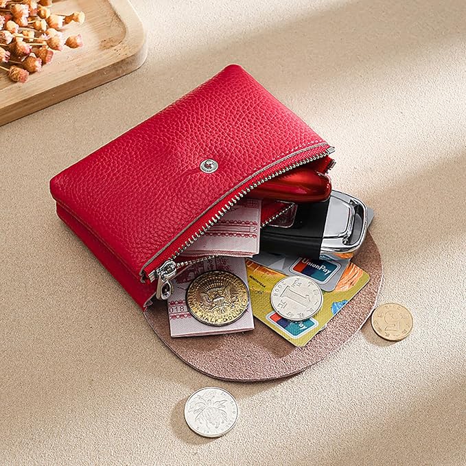 Genuine Leather Mini Change Wallet, Multifunction Zipper Pocket Key Credit Card Headset Lipstick Organizer (Red) - Image 5