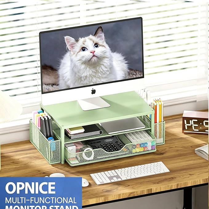OPNICE Desk Organizers and Accessories, Computer Monitor Stand Riser with Drawer and 2 Pen Holders, Printer & Laptop Stand, Office Desk Accessories & Workspace Organizers for Home Office Supplies, Green - Image 3