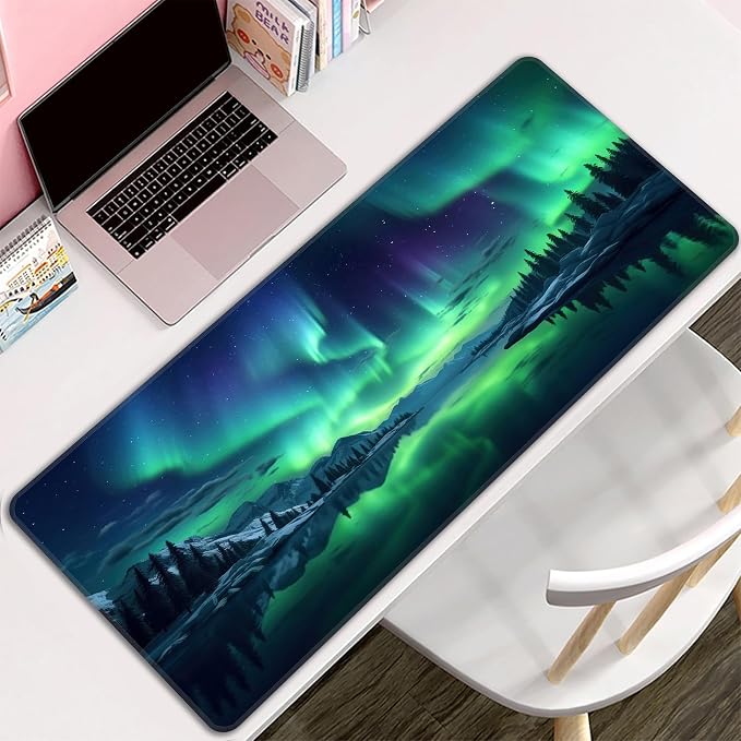 Green Aurora Desk Mat, XXL 35.4"x15.7" Large Mouse Pad, Aesthetic Extended Gaming Mouse Mat,Non-Slip Rubber Base Waterproof with Stitched Edges for Gaming Office Home Decor - Image 8