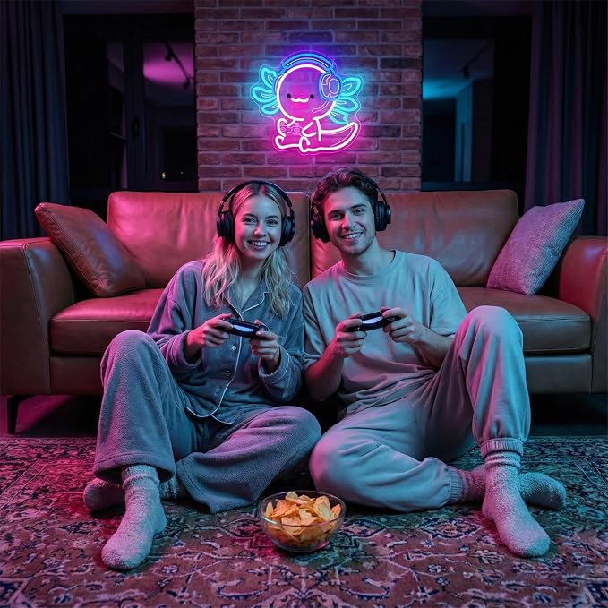 Cute Axolotl Gaming Neon Sign with Headset & Controller,LED Neon Wall Light for Gamer Room Decor,USB Powered Dimmable Neon Light for Bedroom,Teens Room,Game Setup - Image 6