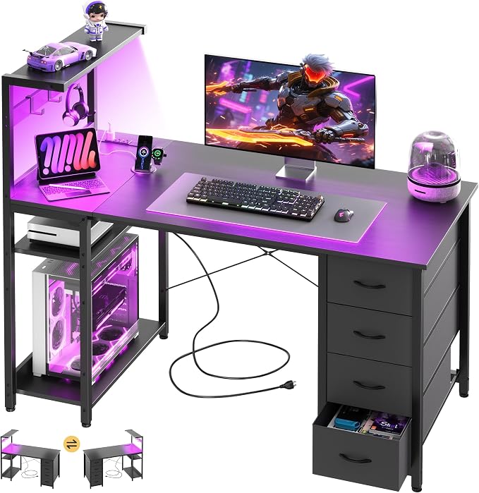 47in Gaming Computer Desk with Drawers & Storage Shelf & Iron Hook, Black by APICIZON