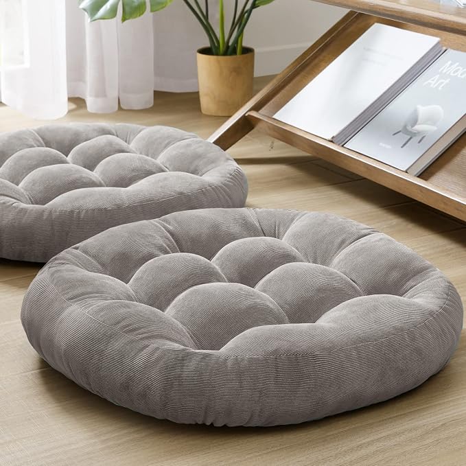 Meditation Cushions Set of 2, Large Floor Pillow for Adults, 22 Inch Round | Reading nook use, Zen relaxation, Tatami seating, Corduroy cover, 3.5 in thick, Shredded memory foam fill, Grey yoga pad by DegreesofComfort