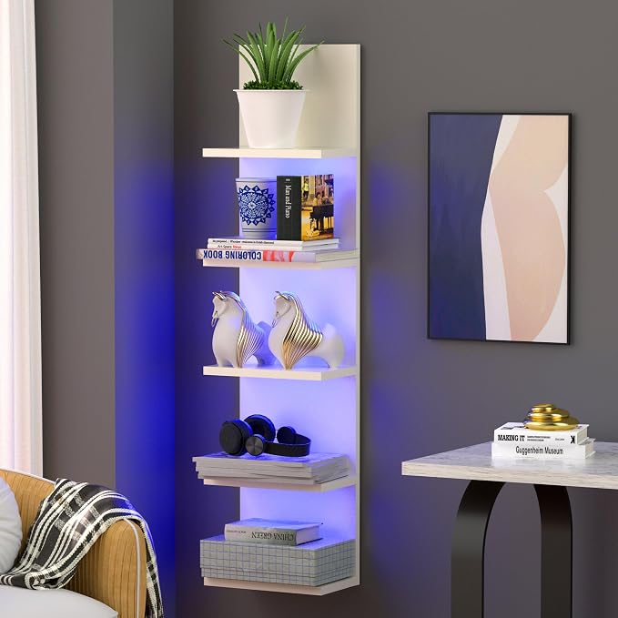 VIWODS 5-Tier Wall Shelf Unit with Light, White by VIWODS