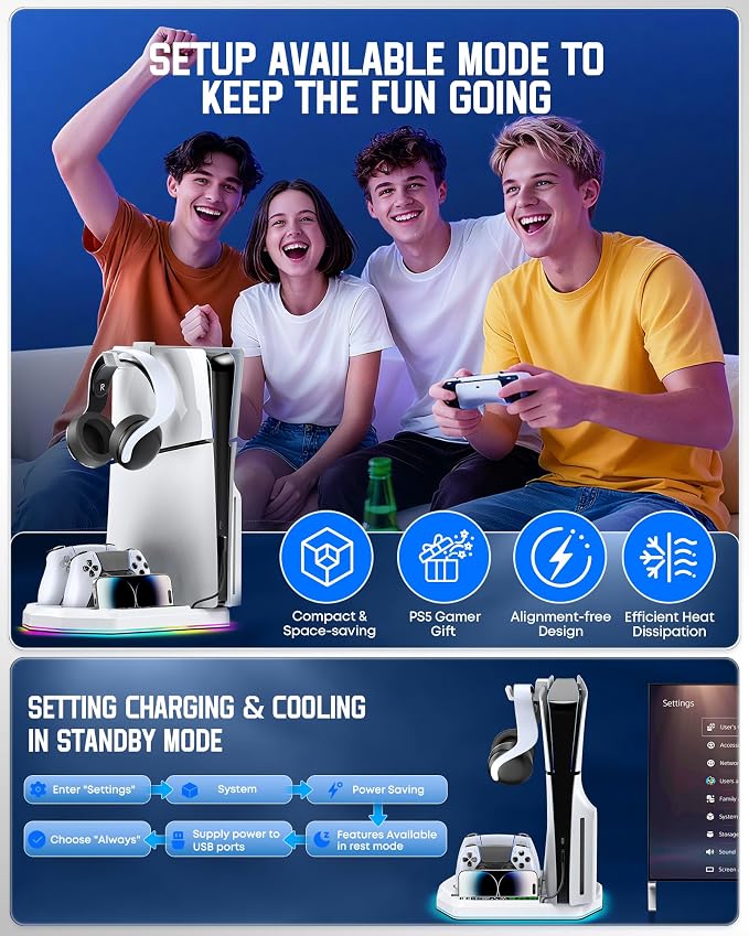 Cooling Station with Controller Charger for PS5/Slim/Pro, PlayStation 5 Vertical Stand for Disc & Digital Console, Dual PS 5 Controller Charging Station with 3 Level Cooling Fan, PlayStation 3 Games - Image 6