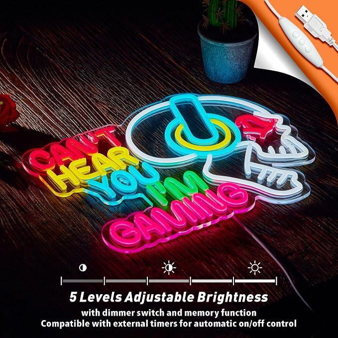 Gaming Neon Sign Can't Hear You I'm Gaming Skull Gamer LED Light Bright USB Powered Light up Game Signs with dimmer for Game Zone Video Room Boy Bedroom Wall Decor Compatible with Timer - Image 4