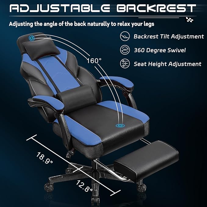 Video Game Chair for Adults, Gaming Chair with Footrest, Big and Tall Computer Chair with Massage Lumbar Support 330lbs Weight Capacity, Adjustable Height, 360° Swivel Seat and Headrest (Blue) - Image 6