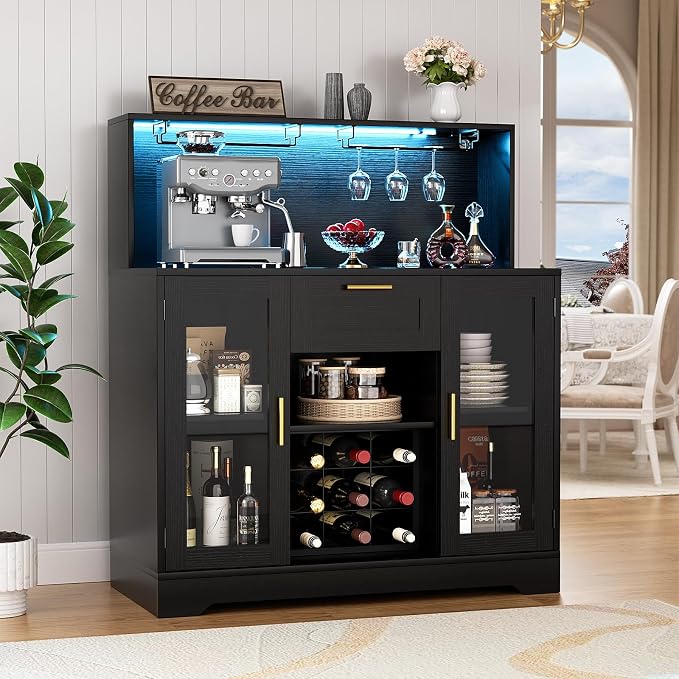 Unikito Coffee Bar Cabinet with LED Light and Storage Hutch, Black - Image 3