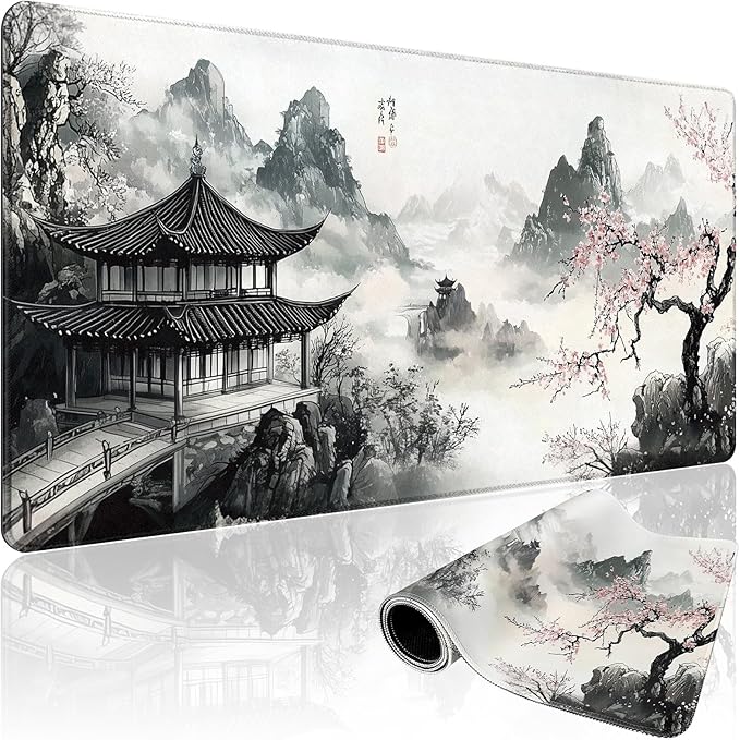 Japanese B&W Cherry Blossoms Gaming Mouse Pad Desk Mat 31.5"x15.7 | Extended Mousepad, Non-Slip Rubber Base , Stitched Edges, for Computer/Laptop/Office/Home by Mcapirivo
