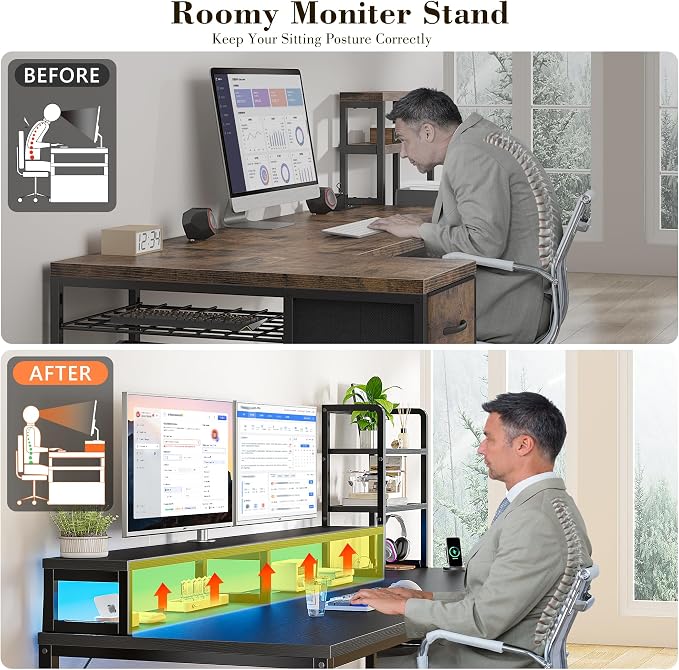 EnHomee 55 Inch Gaming Desk with Hutch and Drawers,Reversible Computer Desk with Monitor Shelf,Home Office Desks with USB Power Outlets and Storage,Pc Work Desk for Office with LED Lights,Black - Image 7
