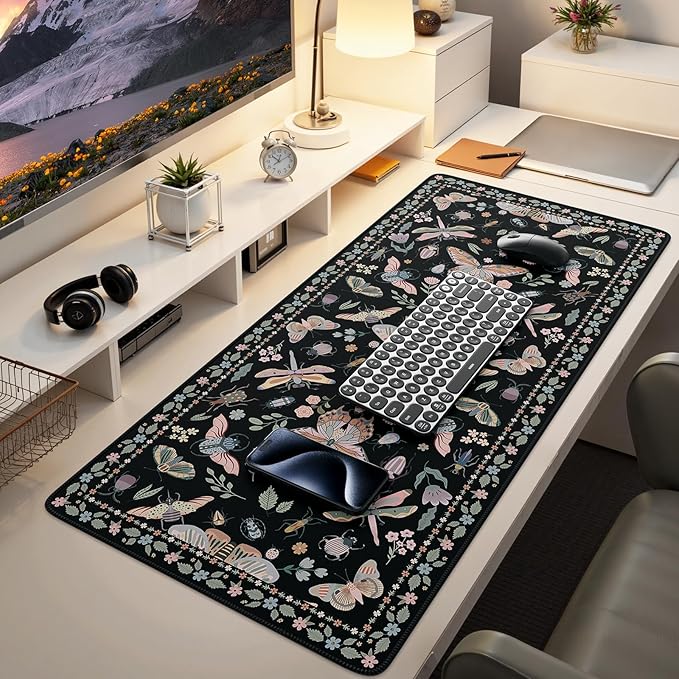 iCasso Black Large Mouse Pad, Desk Matt for Desktop, Insects | XXL Desk Mat for Keyboard and Mouse, Anti-Slip Big Mousepad Computer Mat with Stitched Edges by iCasso