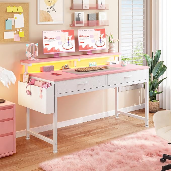 DurayLoly 47.3” Office Computer Desk with LED Lights&2 Fabric Drawers,Pink - Image 7
