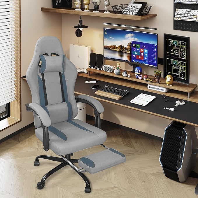 Breathable Fabric Gaming Chair with Footrest - Light Grey/Blue | 90°-135° Recline, 18.5”-22.4” Height Adjust, Breathable Fabric, Footrest for Rest, for Gaming/Office, 15 Min Assembly - Image 7