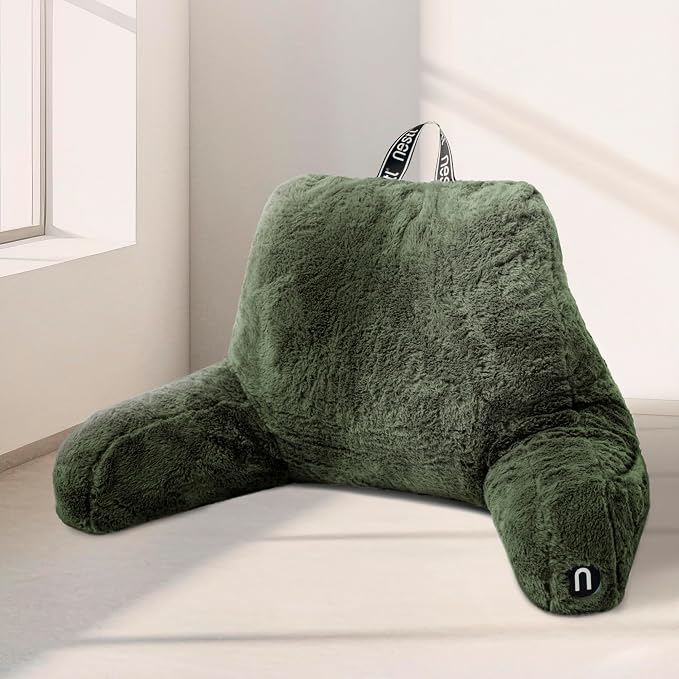 Nestl Fur Reading Pillow, Stylish Back Pillow for Bed Sitting Up, Faux Fur Bed Chair Pillow with Arms, Reading Pillows for Sitting in Bed Adult & Kids, Back Support Pillow for Bed Rest - Olive Green by Nestl