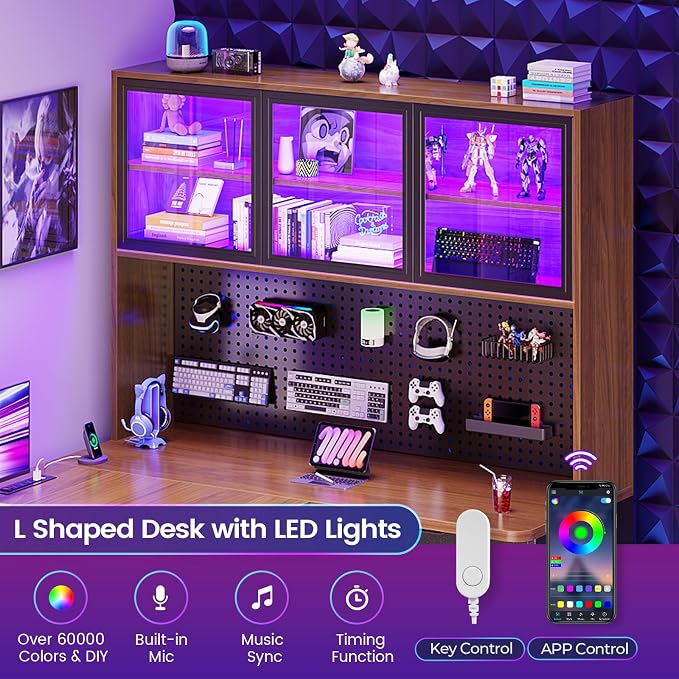 SEDETA L Shaped Computer Office Desk with 3 Wood Drawer and Large Bookshelf | L Shaped Corner Gaming Desk with LED Light, Display Cabinet and Pegboard, 27.5" W Large Desktop Table, Brown - Image 7