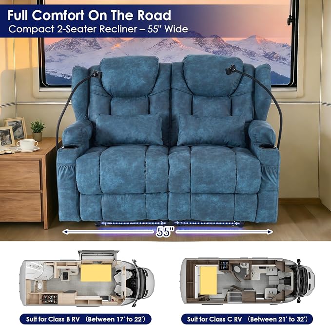 Redlife Power Loveseat Recliner Sofa with Blue LED Base Lights - Image 7