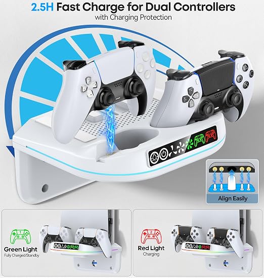 P5 Wall Mount Kit Cooling Station with Dual Controller Charger, Floating Shelf Behind TV for P5/Slim/Pro, Wall Bracket Compatible with P5 Disc & Digital, 9 RGB Lights P5 Fan Accessories, White - Image 4