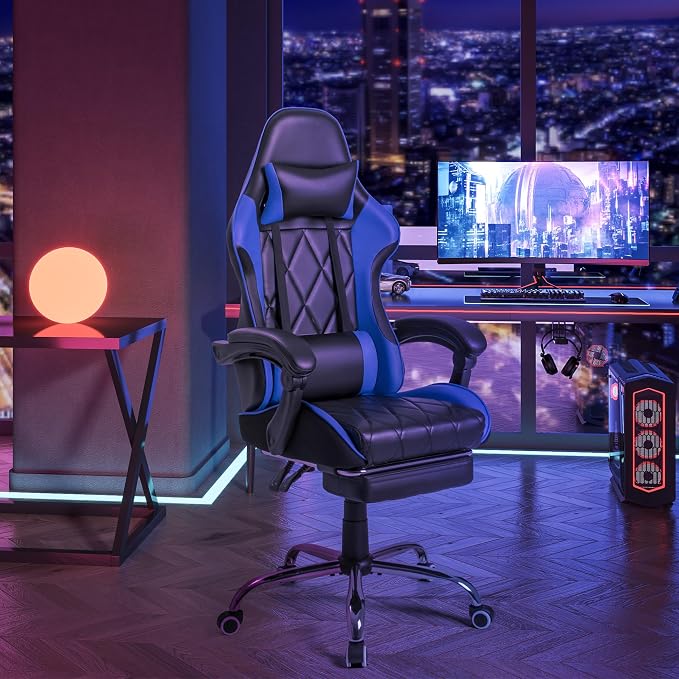 Homall Gaming Chair, Computer Chair with Footrest and Massage Lumbar Support, Ergonomic High Back Video Game Chair with Swivel Seat and Headrest (Blue) - Image 2