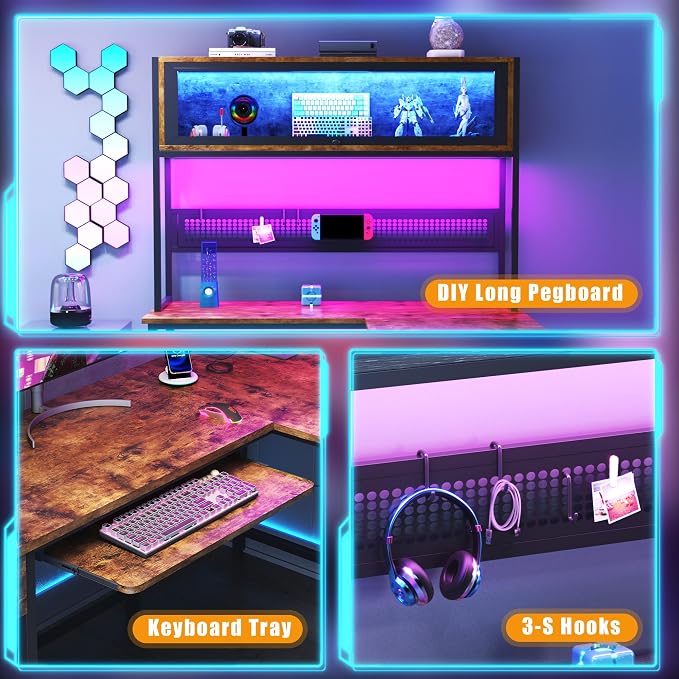 L Shaped Gaming Desk with Power Outlets & LED Lights, 49'' Reversible Computer Desk with Hutch & Pegboard & Display Cabinet, Corner Home Office Desk with Drawer & Keyboard Tray & Storage Bag, Rustic - Image 7