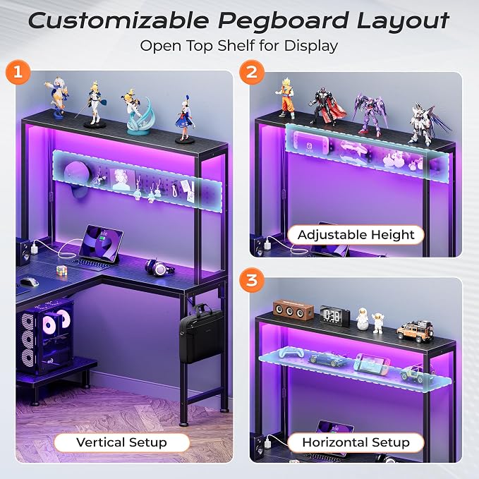 PRAISUN L Shaped Gaming Desk with LED Lights & Power Outlets | Reversible Computer Desk with Storage Shelves & Bag, Small Corner Home Office Desk with Pegboard for Work from Home, Black - Image 8