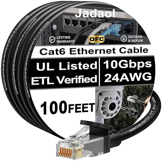 Jadaol [UL Listed Snagless Cat6 Ethernet Cable 100 ft 10Gbps, PoE++, Black by Jadaol