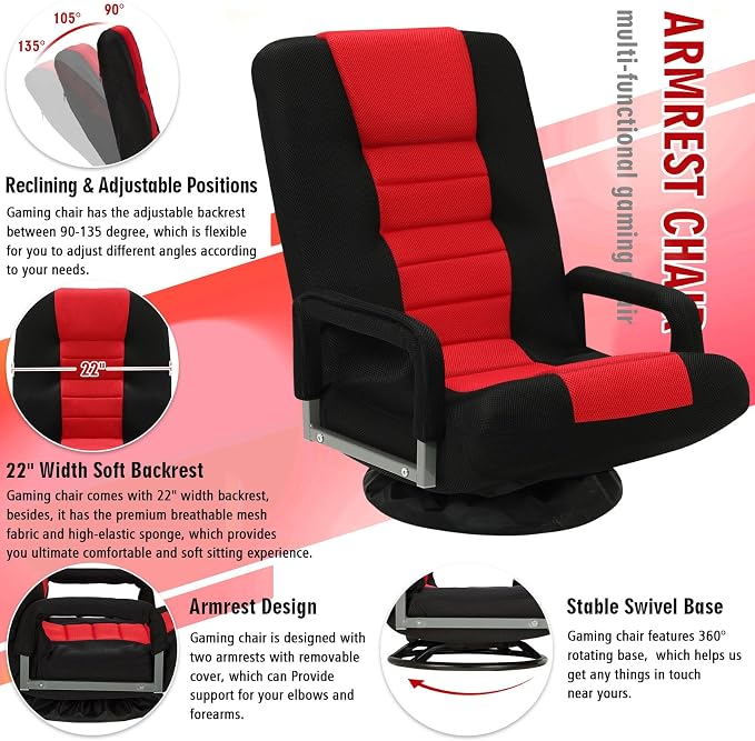 Swivel Floor Gaming Chair w/Armrests,Folding Video Reclining Sofa w/6 Adjustable Position, Padded Backrest & Cushion, Lazy Lounger Couch for E-Sports, Reading, Relaxing, Watching TV, Red - Image 7