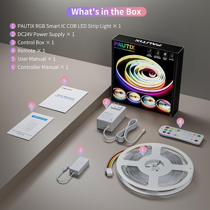 PAUTIX RGB Smart IC COB LED Strip Lights,6.56ft/2m Addressable UL-Listed 24V Chasing Color Flexible Tape Light Multicolor,Work with Alexa/Google Assistant,for Cabinet,TV,Bedroom,Party DIY Decoration - Image 9