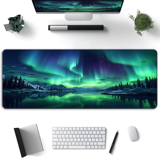 Green Aurora Desk Mat, XL 31.5"x11.8" Large Mouse Pad, Aesthetic Extended Gaming Mouse Mat,Non-Slip Rubber Base Waterproof with Stitched Edges for Gaming Office Home Decor - Image 2