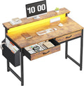 Gaming Desk with LED Lights & 2 Fabric Drawers, 39.4Inch Home Office Computer Desk with Side Pocket & Ergonomic Monitor Stand, Small Space Study Writing Table with Anti-Tip Design, Rustic Brown by Durayloly