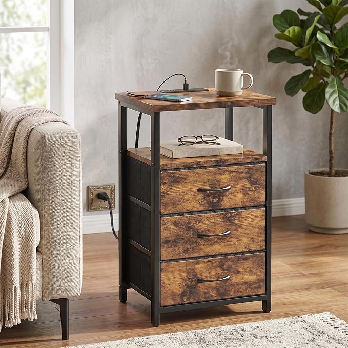 Fixwal Night Stand with Charging Station, 3 Fabric Drawers, Rustic Brown - Image 6