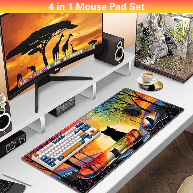 Canjoy Desk Mat with Wrist Rest, Anime Black Cats Keyboard and Mouse Pad - Image 2