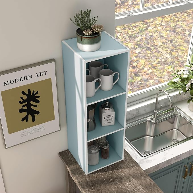 Homes: Inside + Out Apexa 3-Cube Storage Organizer Shelves, Stackable Wood Bookcase Fits Cubby Bins for Organization, Dorm Teen Room Decor & Home Office, Light Blue - Image 13