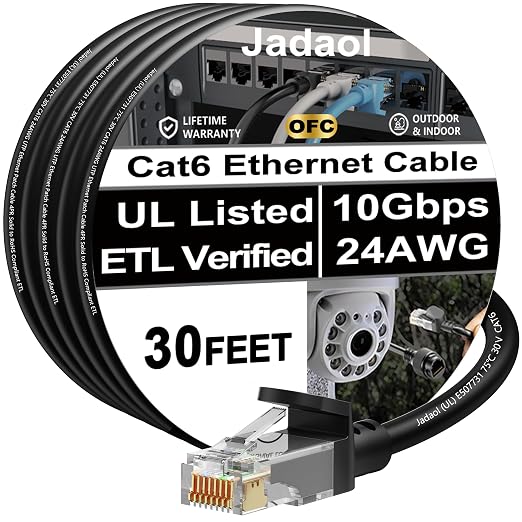Jadaol [UL Listed] Cat6 Ethernet Cable 30FT 10Gbps 24AWG Pure Copper, Black by Jadaol