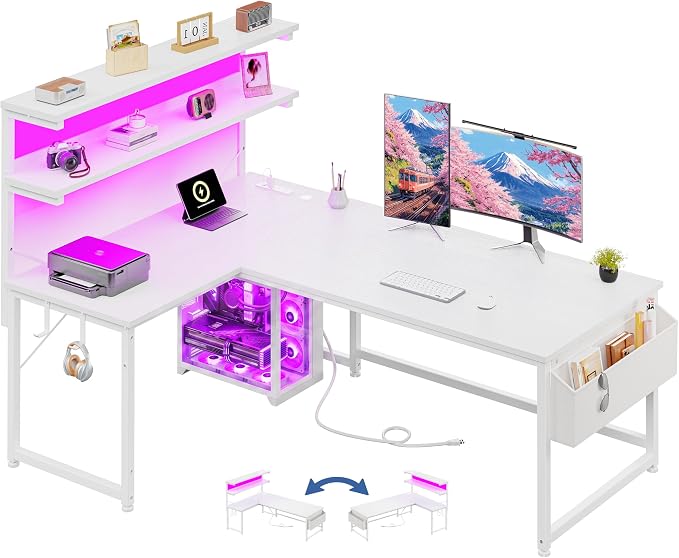 DurayLoly 53"White L Shaped Desk with LED Light & 5 Power Outlet for Gaming by Durayloly