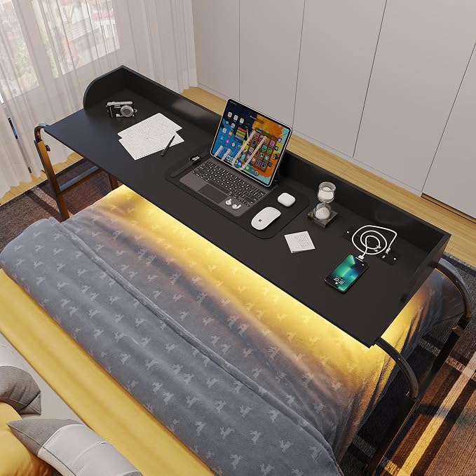 HWB Over Bed Desk with LED Light, Wheels & Charging Station, Black by HWBEnjoywarmhome